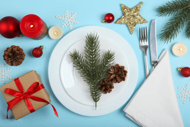 istock table setting for christmas or new year holiday top view. Mirimalism, place for text 1257399845