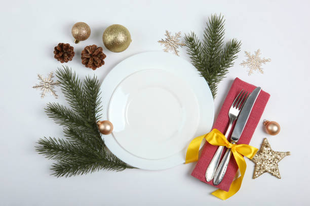 istock table setting for christmas or new year holiday top view. Mirimalism, place for text 1257399854
