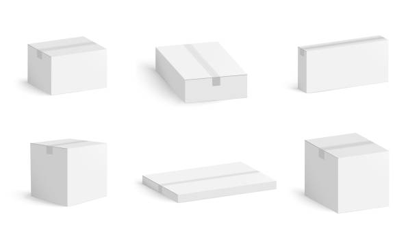 zestaw białych kartonów z cieniem izolowanym na białym tle. pudełko na opakowania kartonowe. - cardboard box white background paper closed stock illustrations
