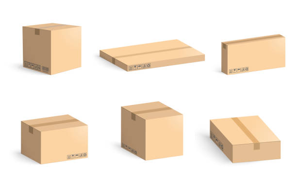 zestaw kartonów z cieniem izolowanym na białym tle. pudełko na opakowania kartonowe. - cardboard box white background paper closed stock illustrations