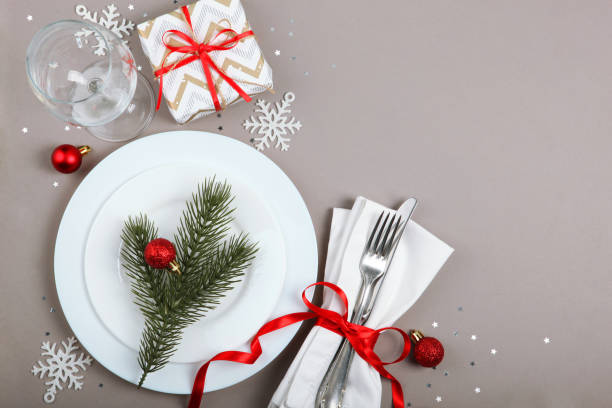 istock table setting for christmas or new year holiday top view. Mirimalism, place for text 1257400025