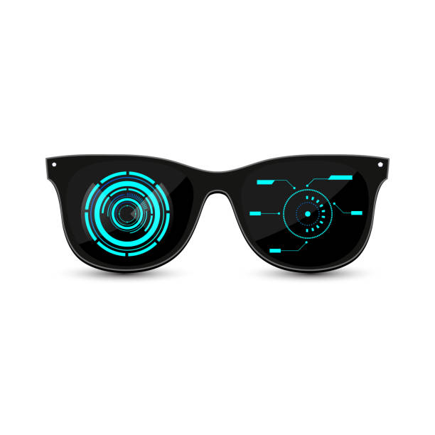 ilustrações de stock, clip art, desenhos animados e ícones de black futuristic hipster sunglasses with dark glass and hud interface on white background. - sun protection glasses glass