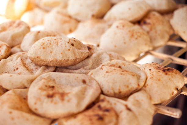 Fresh national arabian bread pita in the bakery.