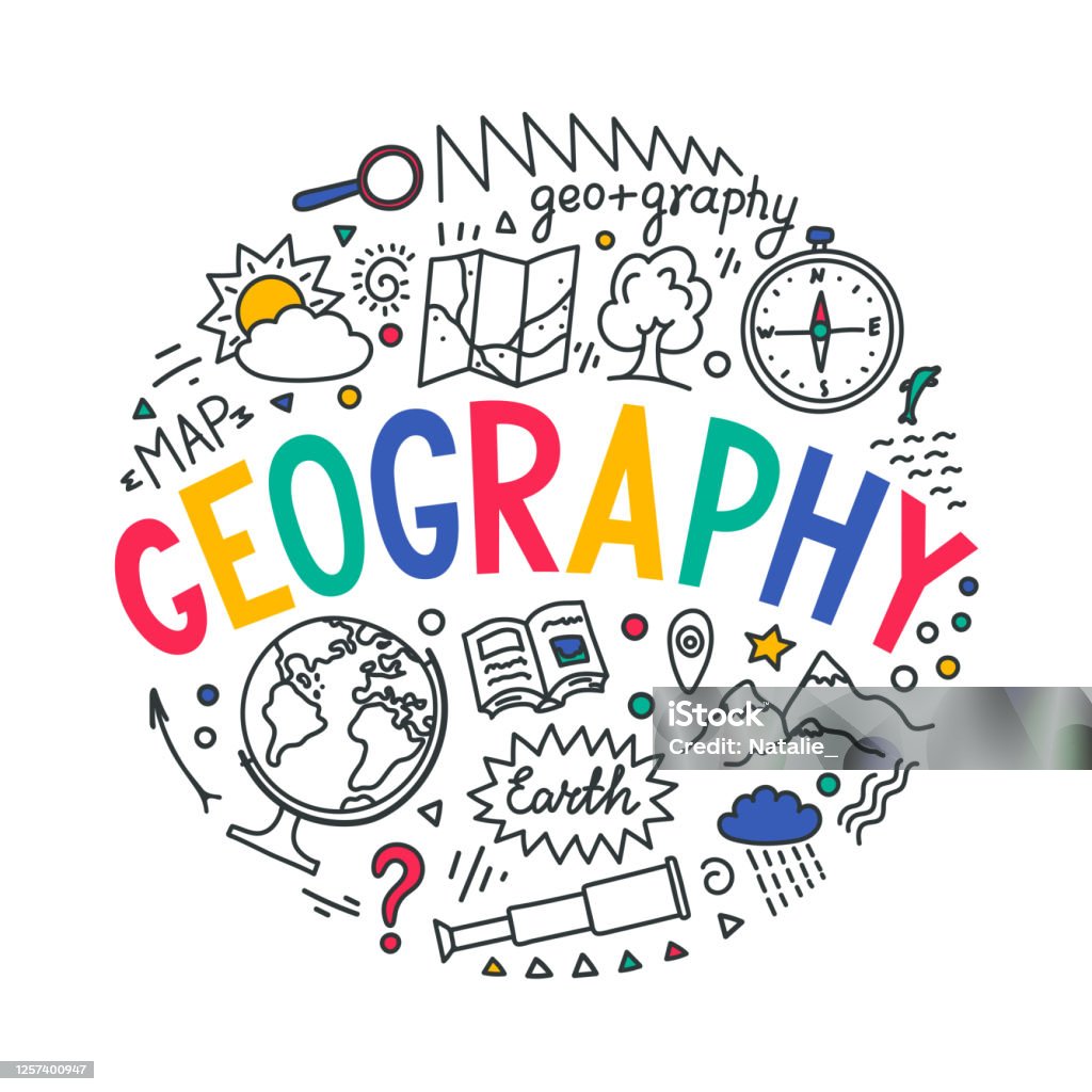 Geography. Geography. hand drawn word "geography" with educational doodles isolated on white background. Sign for school subject or scientifical project. Globe - Navigational Equipment stock vector