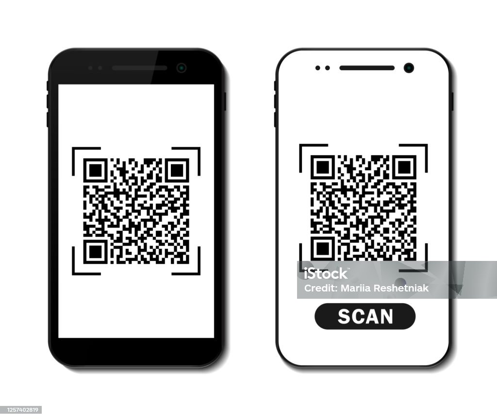 화면 모바일의 Qr 코드 아이콘입니다. 스마트 폰의 응용 프로그램에서 바코드, qrcode 스캔. 전화로 지불 가격을 스캔합니다. ID 바가 있는 플랫 실루엣 핸드폰. 벡터 일러스트레이션 - 로열티 프리 QR코드 벡터 아트