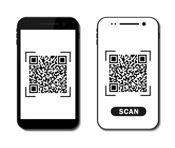 Qr code icon on screen mobile. Barcode, qrcode scanning in app of smartphone. Scan price of payment in phone. Flat silhouette cellphone with ID bar. vector illustration Qr code icon on screen mobile. Barcode, qrcode scanning in app of smartphone. Scan price of payment in phone. Flat silhouette cellphone with ID bar. vector qr code stock illustrations