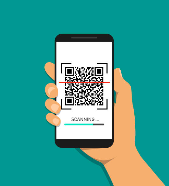 Hand scanning QR code in mobile phone. Barcode, qrcode scanning in app of smartphone. Scan ID payment in phone. Flat online payment. vector illustrator Hand scanning QR code in mobile phone. Barcode, qrcode scanning in app of smartphone. Scan ID payment in phone. Flat online payment. vector scanning activity stock illustrations