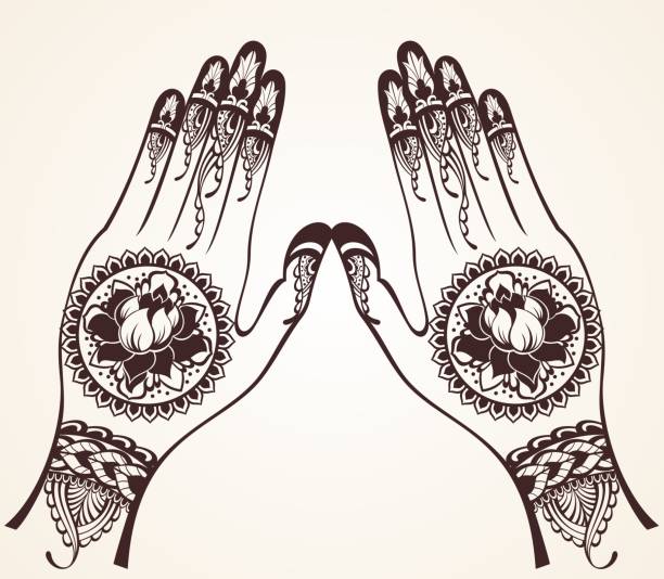 ilustraciones, imágenes clip art, dibujos animados e iconos de stock de manos femeninas con tatuaje tradicional de henna india. - hinduism henna tattoo tattoo human hand