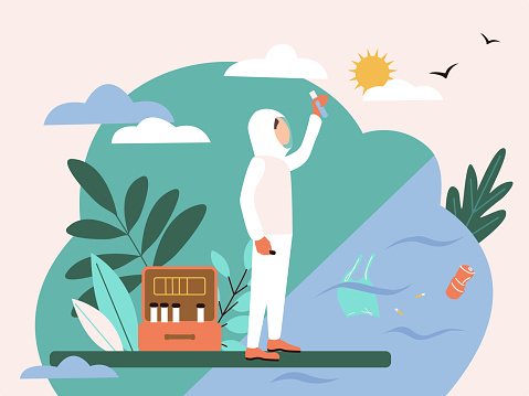 A scientist in special uniform stands with a test tube in his hands at a polluted reservoir next to him a suitcase with test tubes. Flat style illustration on the theme of water pollution. Banner concept