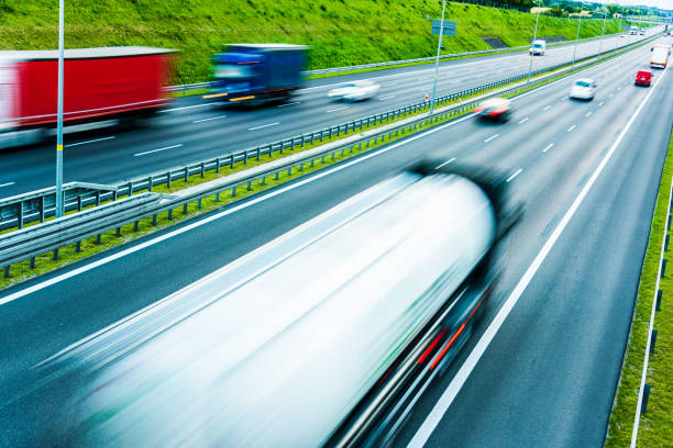 istock Trucks on six lane controlled-access highway in Poland 1257405203