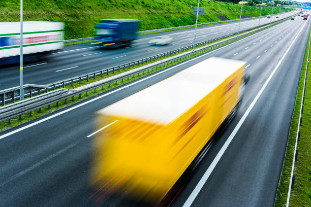 istock Trucks on six lane controlled-access highway in Poland 1257405247