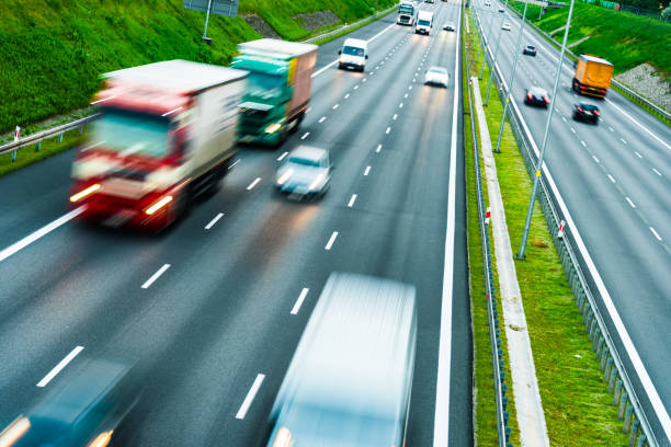istock Trucks on six lane controlled-access highway in Poland 1257405399