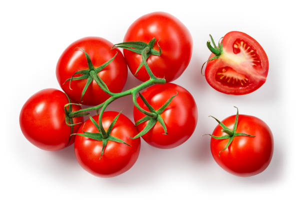 istock Tomatoes isolated. Tomato branch on white. Top view tomatoes. Tomato set. 1257405422