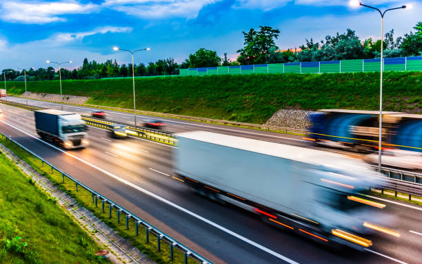 istock Trucks on six lane controlled-access highway in Poland 1257405453