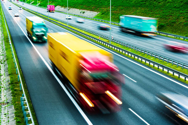 istock Trucks on six lane controlled-access highway in Poland 1257405538