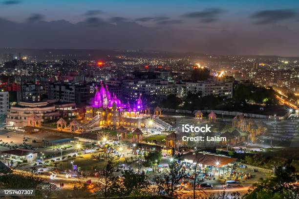 Shree Swaminarayan Temple At Night Ambe Gaon Pune Stock Photo - Download Image Now