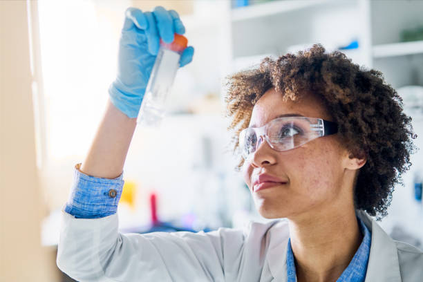 Smiling young scientist holding up a research sample in a lab Smiling young female scientist standing in a lab and examining a research sample in a test tube african american scientist stock pictures, royalty-free photos & images