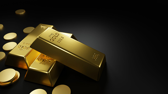Gold bars and coins on black background 3D Render