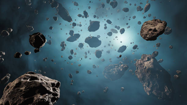 istock Asteroid field in a foggy atmosphere landscape. Outer space scenery or spacescape 3D rendering illustration. 1257407636