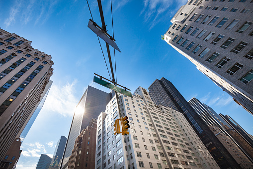 Traffic light and signs in New York at intersection, 6 Ave, New York City