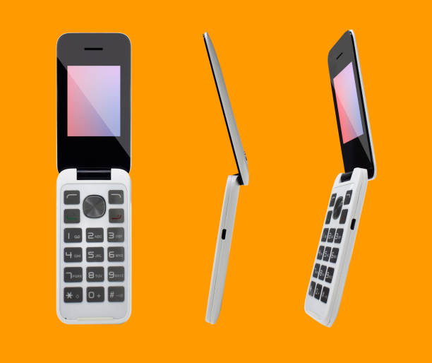 istock Modern clamshell phone isolated on a yellow background. Flip cell phone view from different angles (front, side, perspective) 1257408813