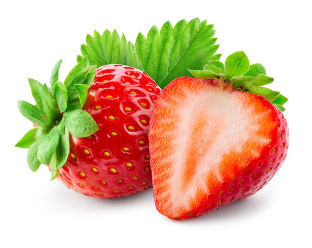 istock Strawberry isolated. Strawberries with leaf isolate. Whole, half, cut strawberry on white. Strawberries isolate. Side view organic strawberries. Full depth of field. 1257408916