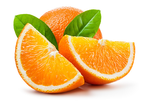 Oranges on an isolated white background. Whole, slice and green leaves