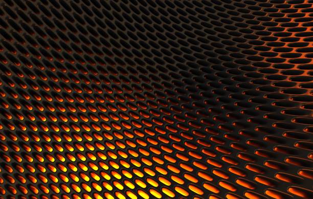 istock Metal mesh grild. Abstract 3d rendering background in high resolution. 3d render of  black carbon grid with orange light. 1257410520