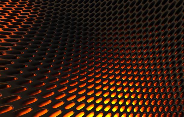 istock Metal mesh grild. Abstract 3d rendering background in high resolution. 3d render of  black carbon grid with orange light. 1257410753