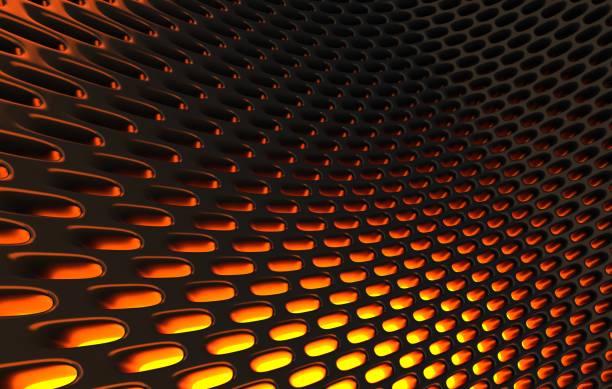istock Metal mesh grild. Abstract 3d rendering background in high resolution. 3d render of  black carbon grid with orange light. 1257410791