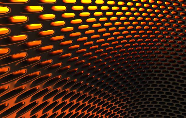 istock Metal mesh grild. Abstract 3d rendering background in high resolution. 3d render of  black carbon grid with orange light. 1257410803