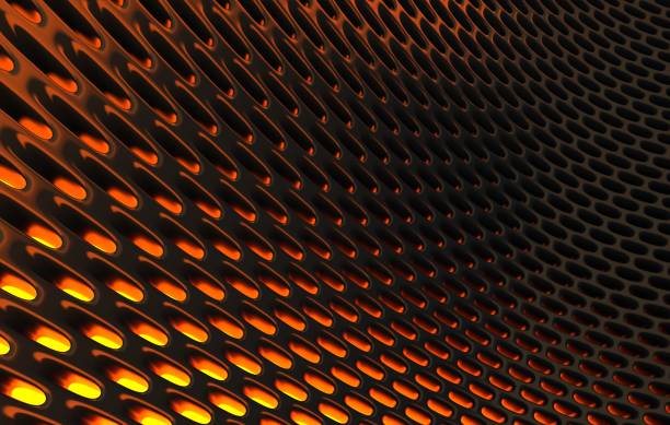 istock Metal mesh grild. Abstract 3d rendering background in high resolution. 3d render of  black carbon grid with orange light. 1257410821