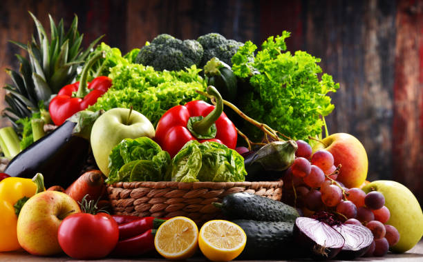 istock Composition with assorted organic vegetables and fruits 1257413815