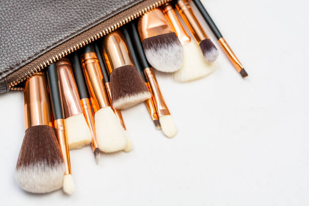 Makeup brushes in white background with copyspace Make brush set in white background with copyspace make up brush photos stock pictures, royalty-free photos & images