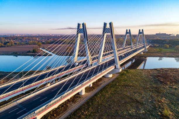 istock Double cable-stayed bridge in Krakow, Poland over the Vistula river at sunrise 1257417696