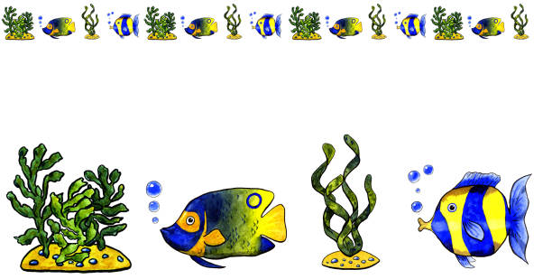 ilustrações de stock, clip art, desenhos animados e ícones de horisontal seamless border with watercolor fish and algae isolated on white background. hand-drawn illustration with black outline. green, blue and yellow colors - animals and pets isolated objects sea life