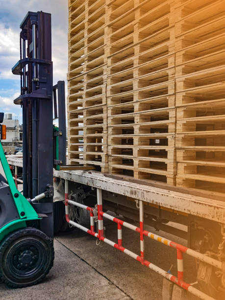 istock Worker driving forklift to loading and unloading wooden pallets from truck to warehouse cargo storage, shipment in logistics and transportation industrial, wood pallets stack 1257420306