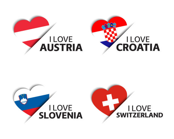 zestaw czterech austriackich, chorwackich, słoweńskich i szwajcarskich naklejek w kształcie serca. kocham austrię, chorwację, słowenię i szwajcarię. wyprodukowano w austrii, wyprodukowano w szwajcarii. proste ikony z flagami odizolowanymi na biały - croatia stock illustrations