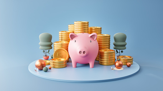 Piggy bank and coins stack on a light blue background Concepts of saving money, wealth in quality of life and growth for future business investment 3d illustration with copy space