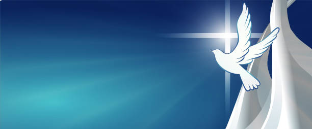 taube mit christlichem kreuzsymbol. kruzifix. blauer hintergrund mit hellen strahlen. ostern. symbol der reinheit. glauben. taufe. heiliger geist. evangelisierung. auferstehung. banner - pfingsten stock-grafiken, -clipart, -cartoons und -symbole