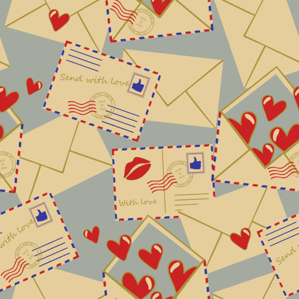 Seamless vector pattern with vintage envelopes on blue background. Simple love letter wallpaper design. Romantic valentine days fashion fabric. Repeat vector pattern with vintage envelopes. vintage love letter backgrounds stock illustrations