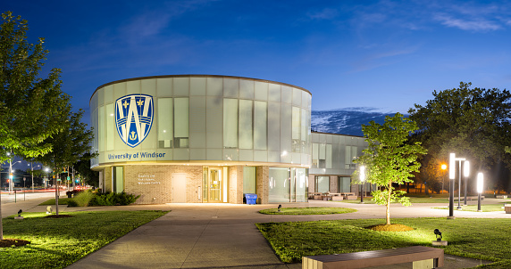 Windsor, Ontario, Canada - July 20, 2020:  A view of the campus of the University of Windsor's Welcome Centre on Wyandotte Street.