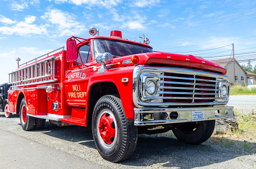 Enfield, Nova Scotia, Canada - July 20, 2019 :  Vintage Ford 600 fire truck at S.B Tirecraft Auto Center Car Show, Enfield, Nova Scotia, Canada.