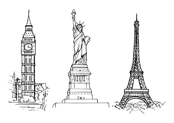 эскиз достопримечательностей статуя свободы, эйфелева башня и биг-бен - big ben isolated london england england stock illustrations