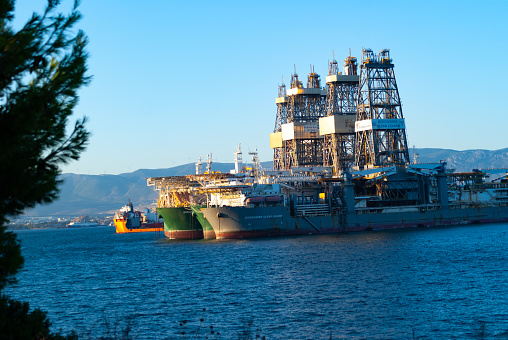 Elefsina, Greece - July 12, 2020: Transocean oil rig ships anchored off Elefsina, Greece