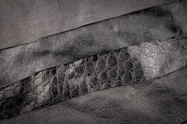 istock Black leather and fake alligator skin textures background 1257430232