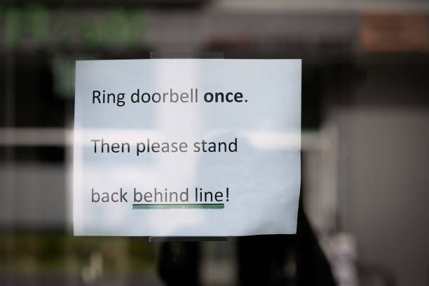 istock Ring Doorbell Once, Stand Back Behind Line Sign 1257430342