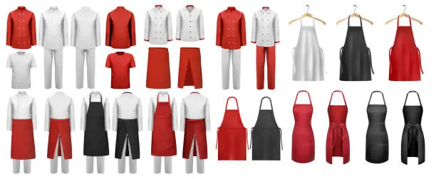 Vector illustration of Big set of culinary clothing, white and red suits and aprons. Vector.