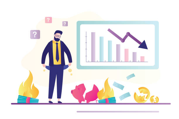 Bankrupt with empty pockets. Global crisis, finance problems and bankruptcy. Down arrow chart. Businessman losing all savings money Bankrupt with empty pockets. Global crisis, finance problems and bankruptcy. Down arrow chart. Businessman losing all savings money, inflation. Business troubles concept. Flat vector illustration empty pockets stock illustrations