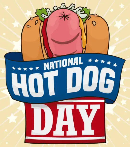 Vector illustration of Hot Dog over Ribbon and Label ready for its American Celebratory Day